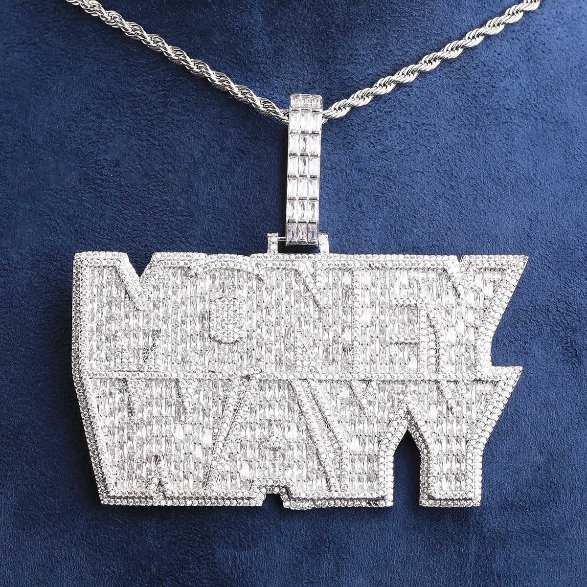 Bubble Letter Iced Out Money Wayy Necklace Pendant for Men Prong Setting Real Gold Plated Hip Hop Jewelry