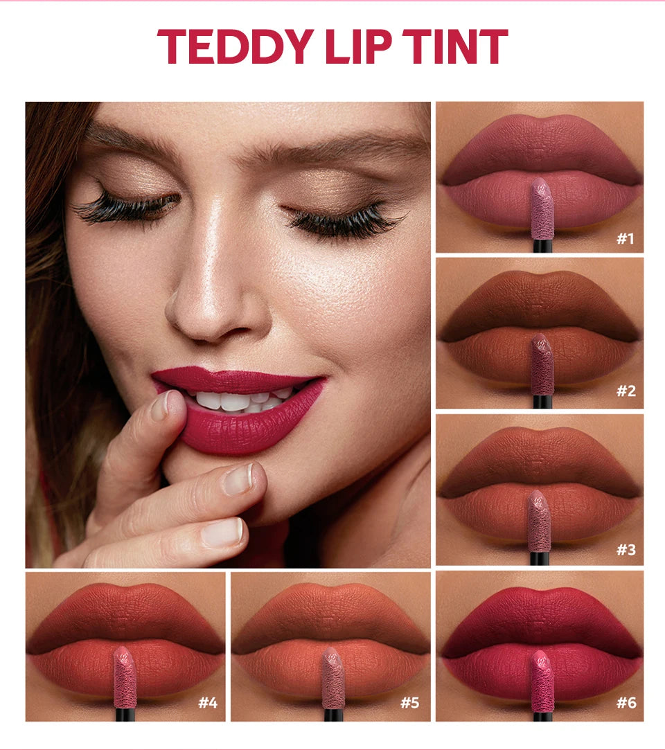 6pcs/set Teddy Velvet Non-stick Cup Lip Glaze Matte Lipstick Waterproof Longlasting Color Liquid Silky Saturation High Lip Gloss