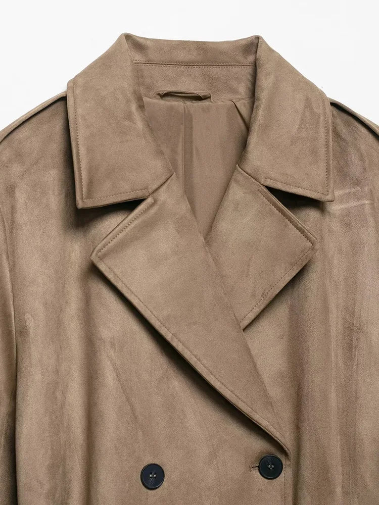 Women Fashion With Belt Faux Suede Trench Coat Long Sleeve Double-breasted Female Outerwear Chic Tops