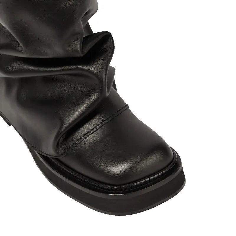 Women's New Autumn and Winter Calf Boots with Pleated Thick High Heels and Fashionable Oversized Street Leather Mid Leg Boots