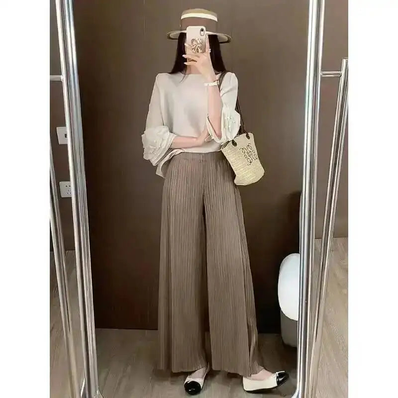 LANMREM patchwork design women's Pleated trousers elastic High Waisted Draped Straight Wide Leg Pants 2025 chic new 2DB3871