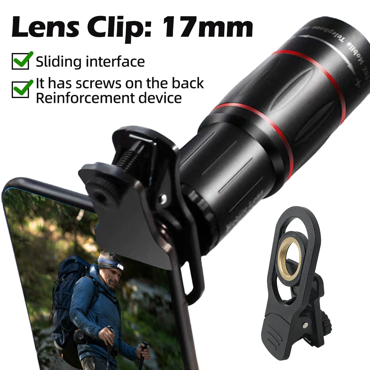 Fonken 17MM Universal Phone Lens Clip Adapter Adjustable Extended Clamp for Telephoto Telescope Wide Angle Macro Lenses