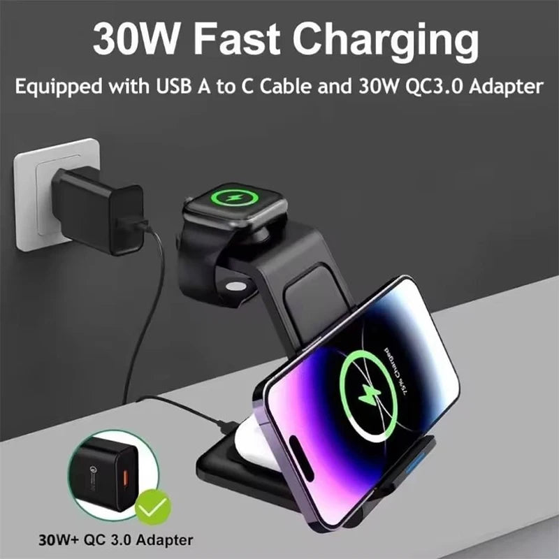 3-in-1 Wireless Charger Magnetic Stand 30W Output Power Travel Charger for iPhone Smart Watch Earphone with Holder