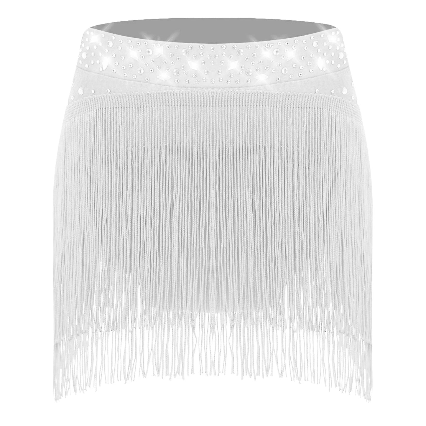 Girls Sparkly Sequins Latin Jazz Tango Dance Skirts Elastic Waistband Fringe Skirt with Safety Shorts Dance Performance Costumes