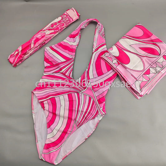 Women's Pink Headband Scarf Swimsuits with Letter Signature Logo Lady Headband Scarf Bikini Sets Beachwear Swimwear