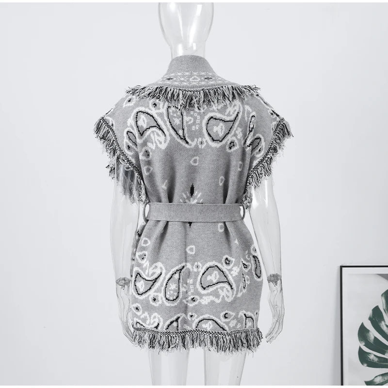 Women's Print Fringe Knitted Vest Coat Fashion Sleeveless Tie Waist Pocket Cardigan Sweater Lady 2025 Autumn Casual Outerwear