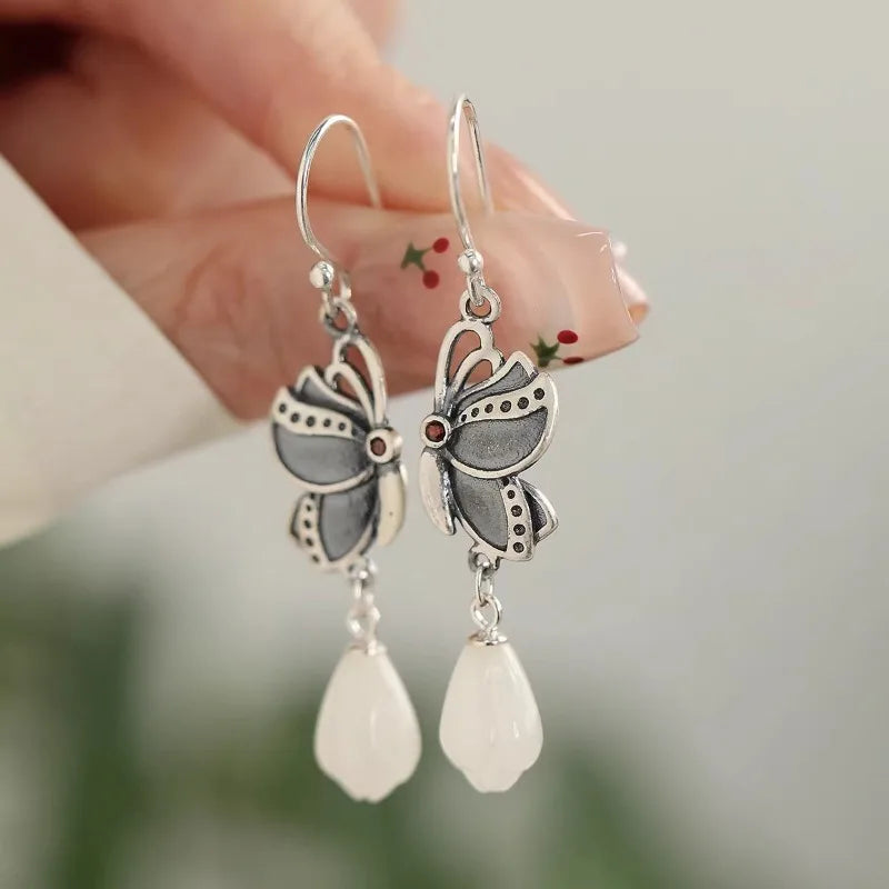 silver 925 Light luxury Butterfly earrings for women Natural Hetian Jade Orchid Earring Vintage Ethnic Style Wedding Jewelry
