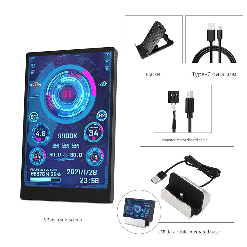 3.5-Inch Computer Sub-Screen IPs Full View USB-C Chassis Sub-Screen Computer Status Monitoring Installation-Free Aida64