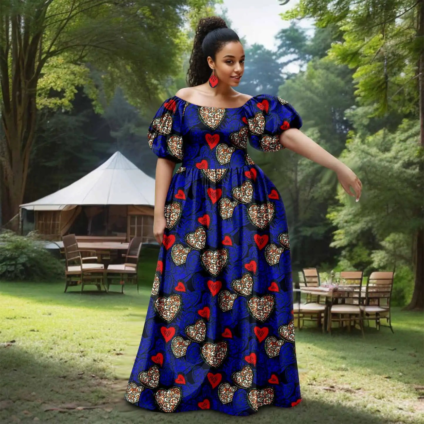 Afripride African Women's Dresses Sexy Strapless Bubble Sleeves With Same Color Earrings Women's Dresses 2525012