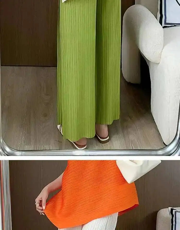 LANMREM patchwork design women's Pleated trousers elastic High Waisted Draped Straight Wide Leg Pants 2025 chic new 2DB3871