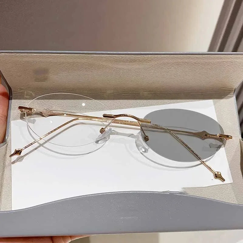 New Photosensitive Color Changing Myopia Glasses Retro Oval Frameless Anti Blue Light Goggles for Men and Women Reading Glasses