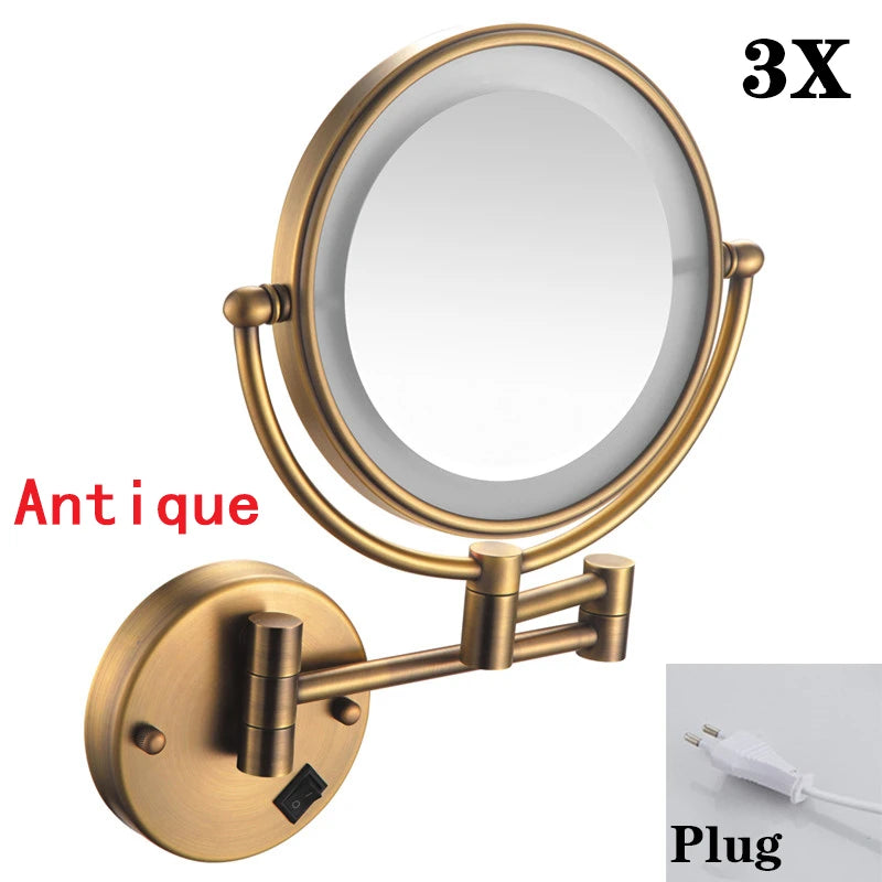 Brushed Gold LED Makeup Mirror with Brass Folding Bathroom Mirrors of 8 Inch 3X 5X Maynifying Makeup Mirror Dual Face LED Mirror