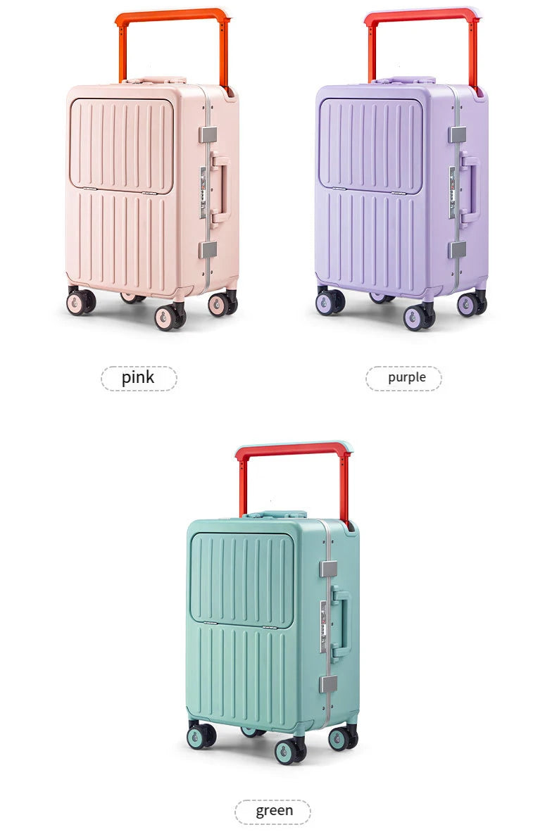 24-inch luggage with an aluminum frame, wide pull rod and front opening, as well as a high-value 20-inch travel suitcase (pull r