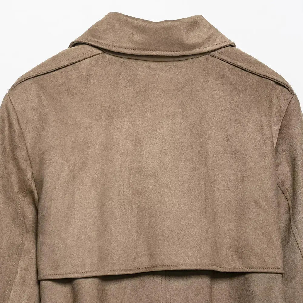Women Fashion With Belt Faux Suede Trench Coat Long Sleeve Double-breasted Female Outerwear Chic Tops