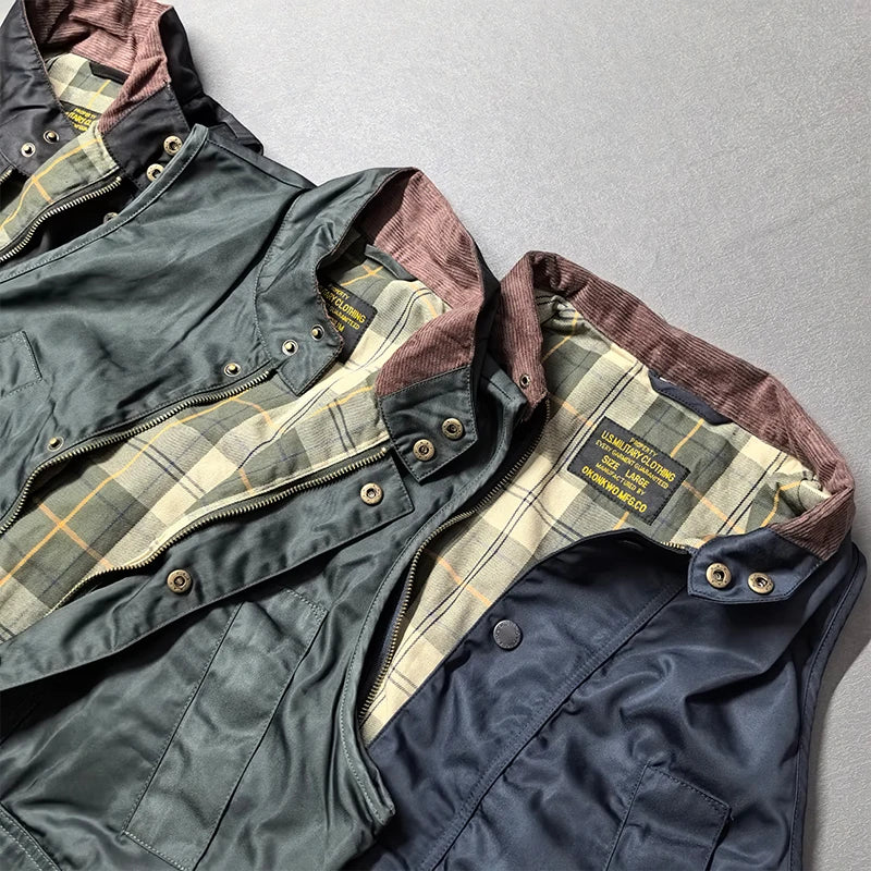 2026 Autumn Winter New American Retro Sleeveless Cargo Vest with Oil Wax Men's Multi-pockets Casual Heavyweight Waterproof Coat