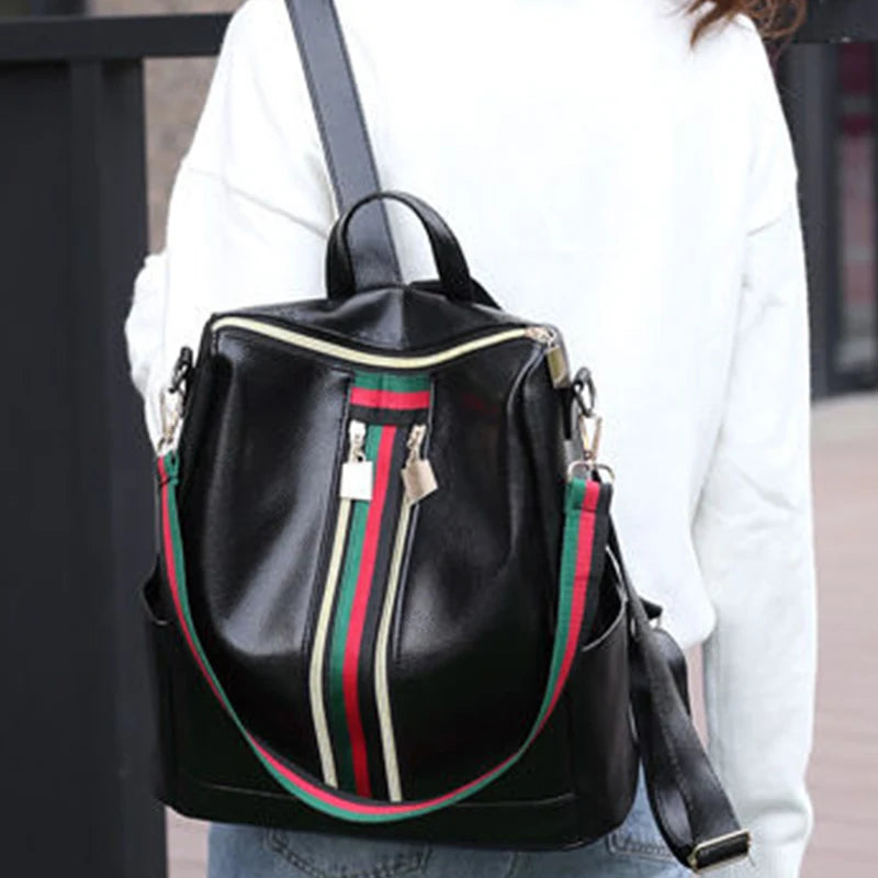 Double shoulder bag, large capacity dual-purpose women's bag, fashionable striped color contrast Korean-style women's backpack