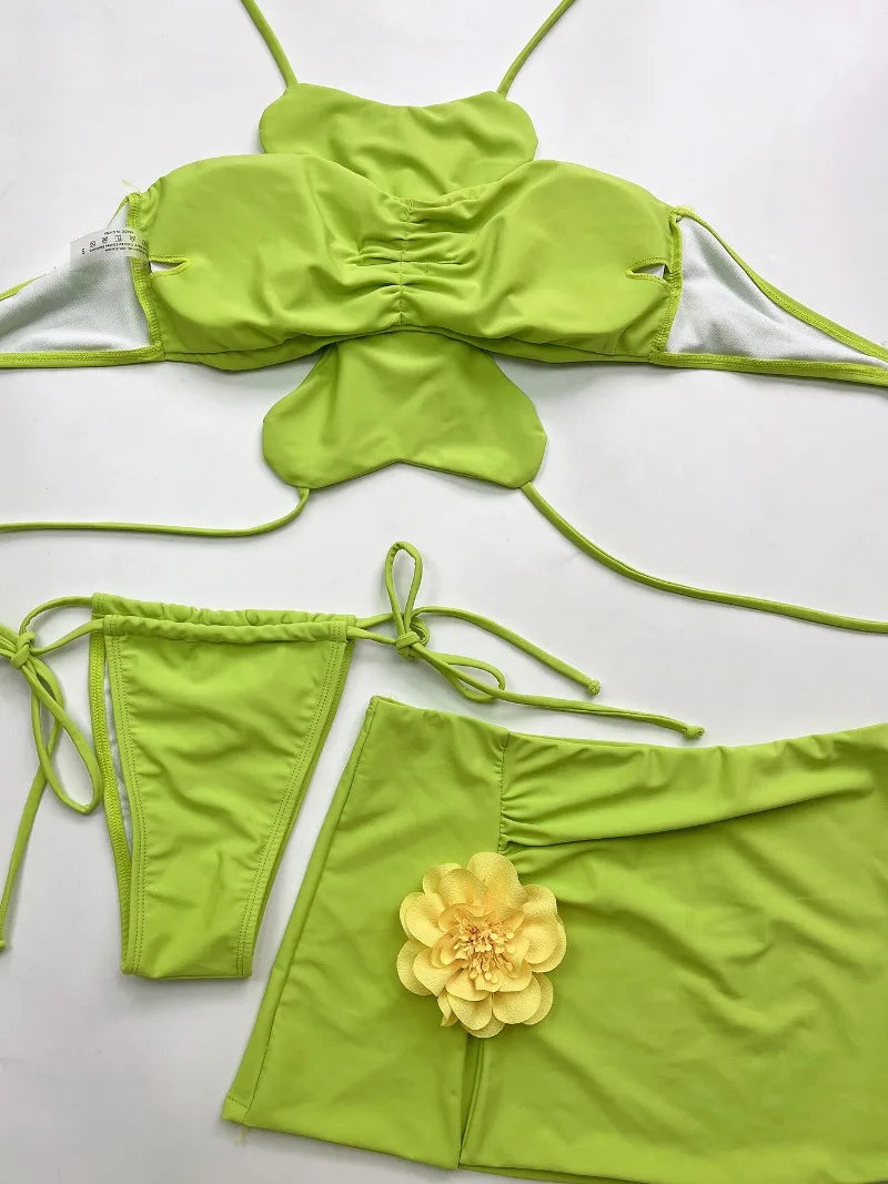Neck Bikini with Skirt 3D Flowers Halter Bikini Female Swimsuit Women Swimwear 3 Piece Bikini Set Bather Bathing Suit Swim