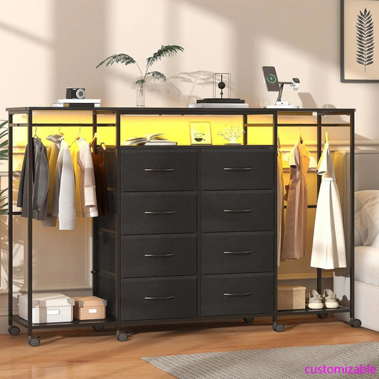59.1" W Dresser for Bedroom with Hanging Rack, 8 Drawer Dresser with LED Lights & Charging Station, Fabric Dressers