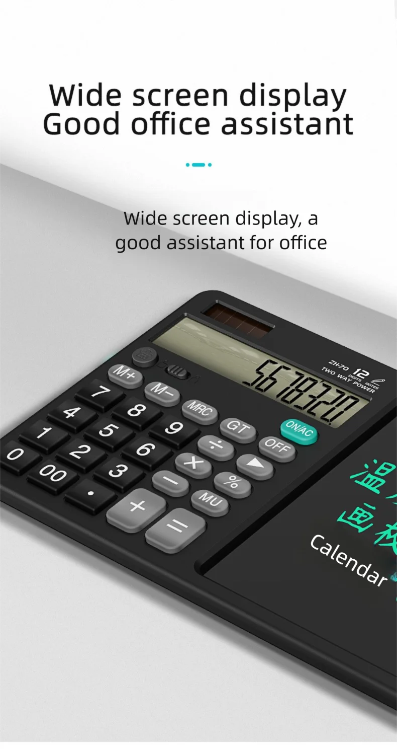Desktop office calculator; Financial accounting; School office; Teacher student writing draft memo; Handwriting board computer.