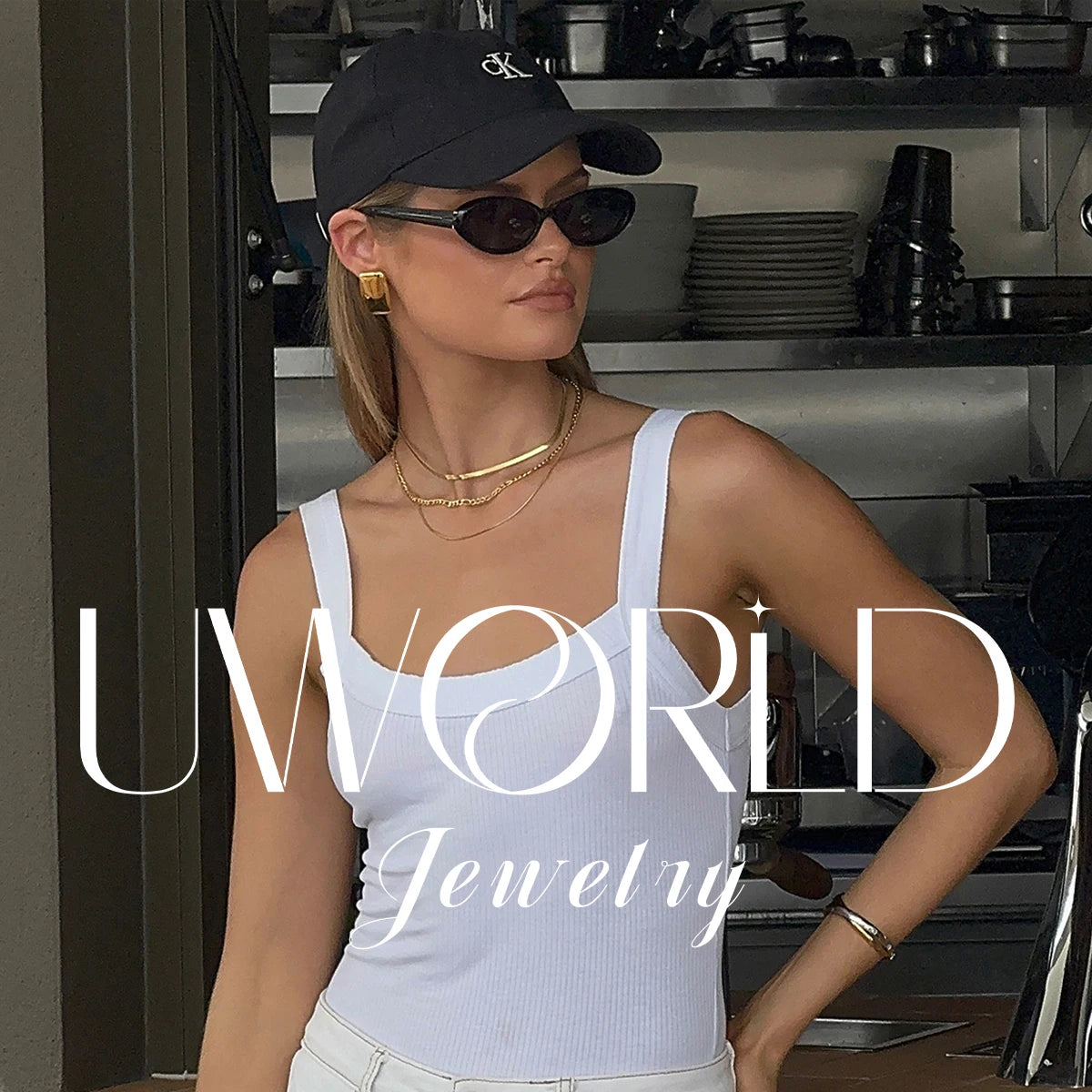 Uworld Simple Classic 18K Gold Color Plated Stainless Steel Water Droplet Shaped White Zircon Y-shaped Chain Stackable Chain Nec