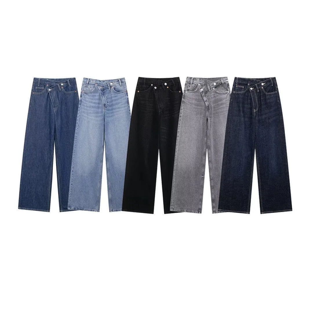 Jeans For Woman New Fashion Asymmetric Design High Waist Wide Leg Trousers Casual Women's Straight Leg Jeans