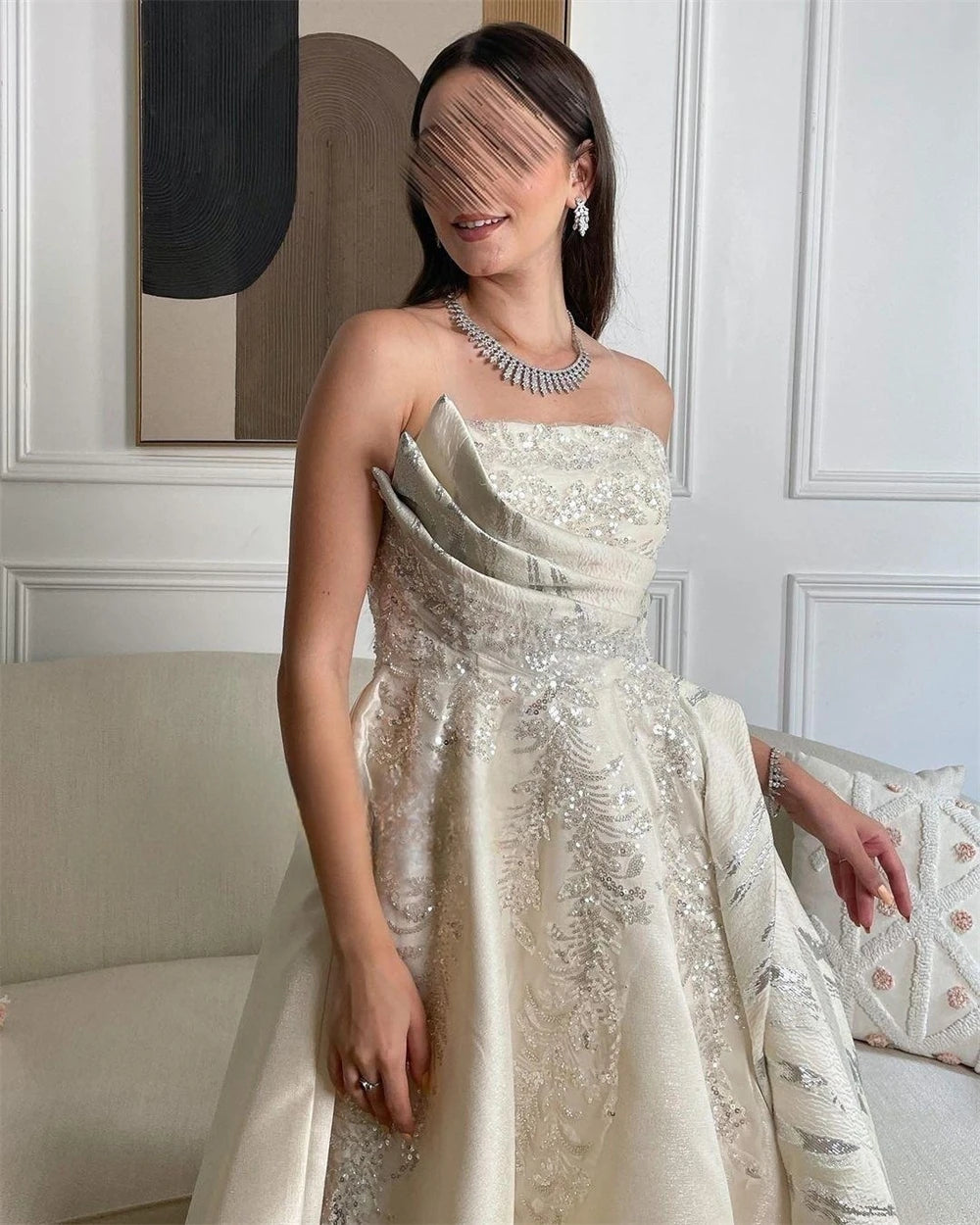 Customized  Exquisite  Strapless Ball Gown Celebrity  Sequin Draped S Occasion Evening  vestido de festa mulher luxo