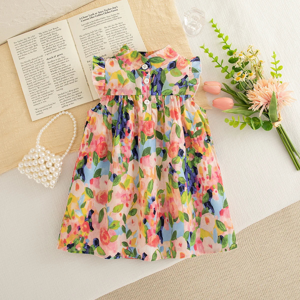 Summer Baby Girl Dress Sweet Flower Printed Sleeveless Girl Dress Korean Style Children Clothing