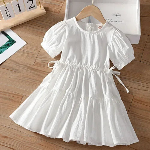 2025 New Summer Baby Girl Birthday Wedding Party Dress Short Sleeved Cotton Solid Color Dress 2-10Yrs Kids Princess Dresses