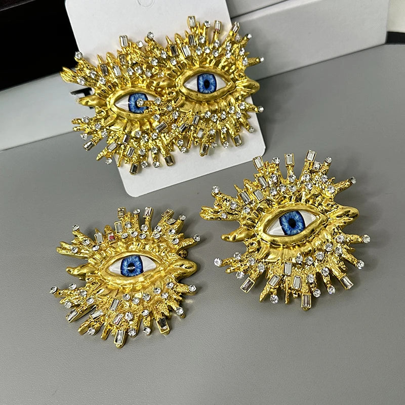 Exaggerated Sparkling Crystal Eye Earrings Retro Luxury Open Ring Brooch Earring Set