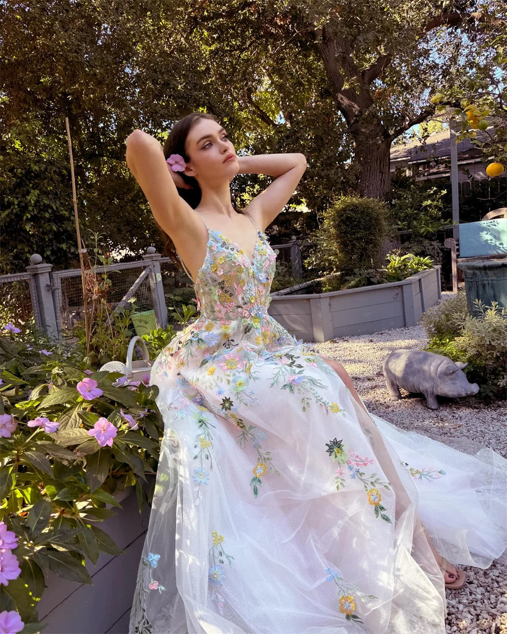 Amanda Customized Spaghetti Strap Floral Embroidery Tulle Prom Dress Side Split vestidos de noche A-Line Pleated Formal Evening