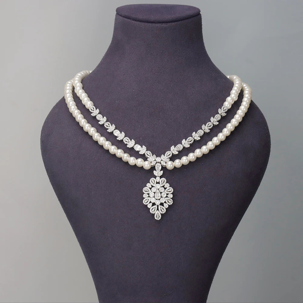 Gorgeous Double Layered Pearl Necklace for Women Cubic Zirconia 4PCS Jewelry Set Women Wedding Bridal Choker Accessories