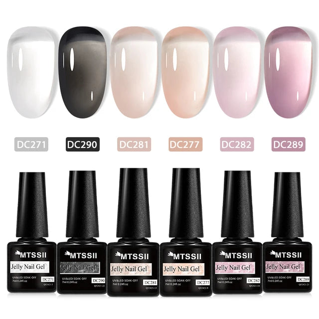MTSSII 6Pcs/Set Jelly Gel Nail Polish Jelly Transparent Pink Green Black Blue UV Gel Nail Art Varnish Kit Spring Manicure Nails