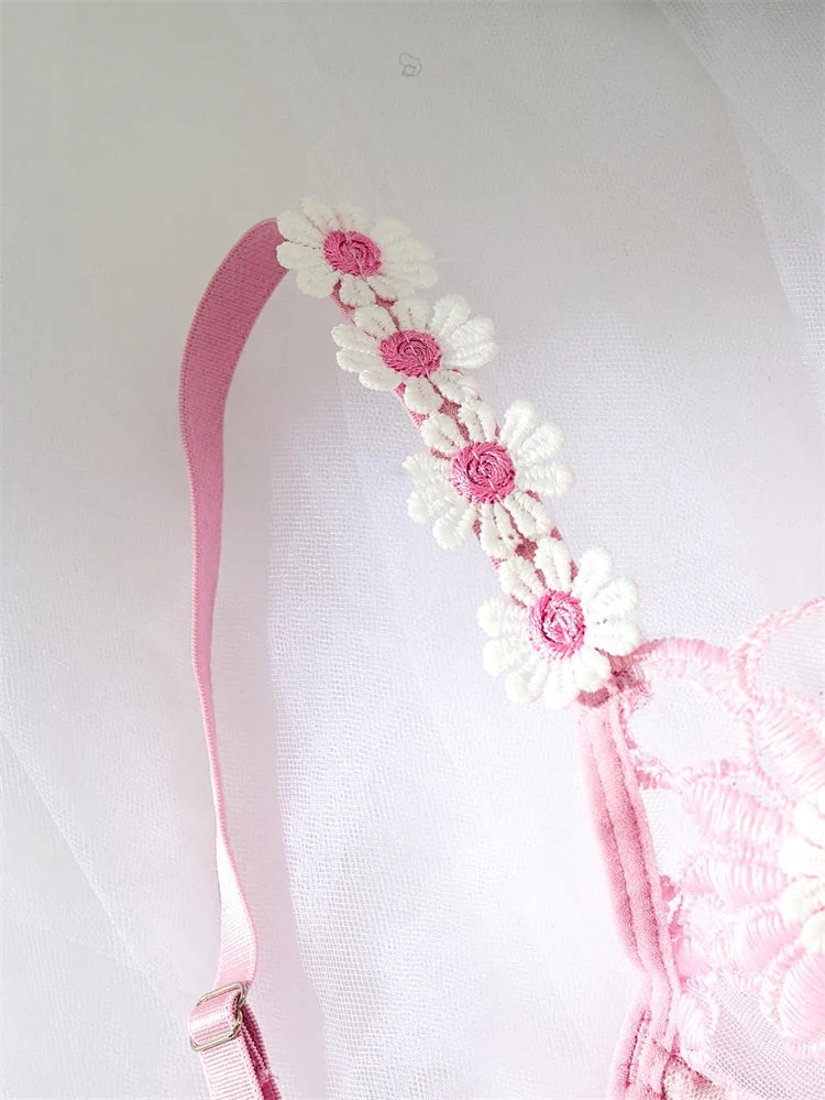 New Sexy Girl Lingerie Floral Embroidery Lingerie Set Pink Fantasy Underwear Ultra Thin Bra Panty Set Translucent Lace Lingerie