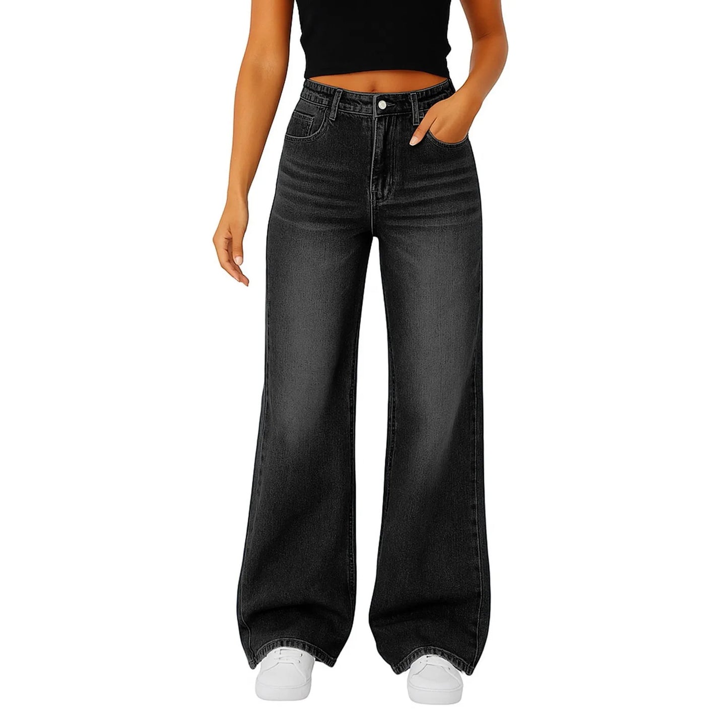 Wide-Leg Jeans Women Light Blue High-Waisted Simple Design Fashionable Trousers Loose-Fitting High-Height Pants Suitable Daily