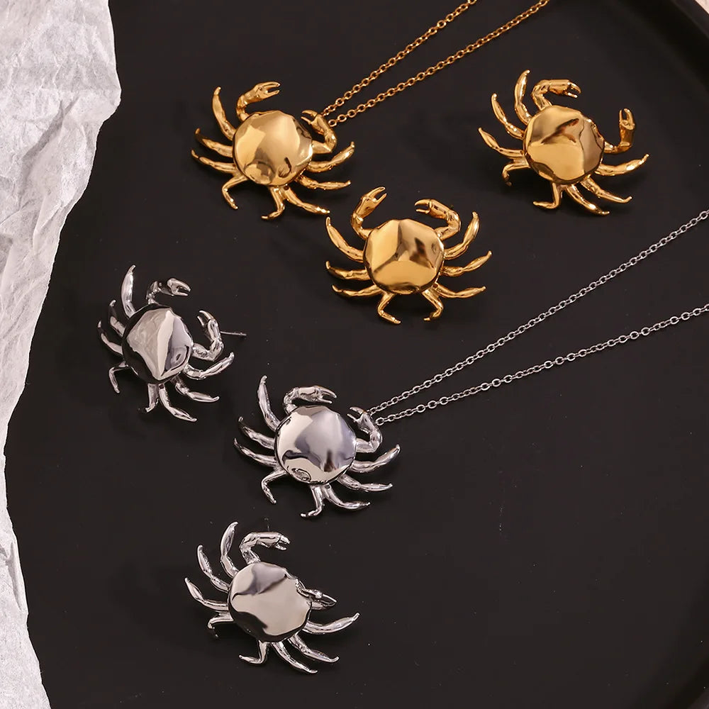 MamacitaSlay 2025 New Design Stainless Steel Crab Pendant Necklace Earrings 2PCS Holiday Party Waterproof Jewelry Set Women