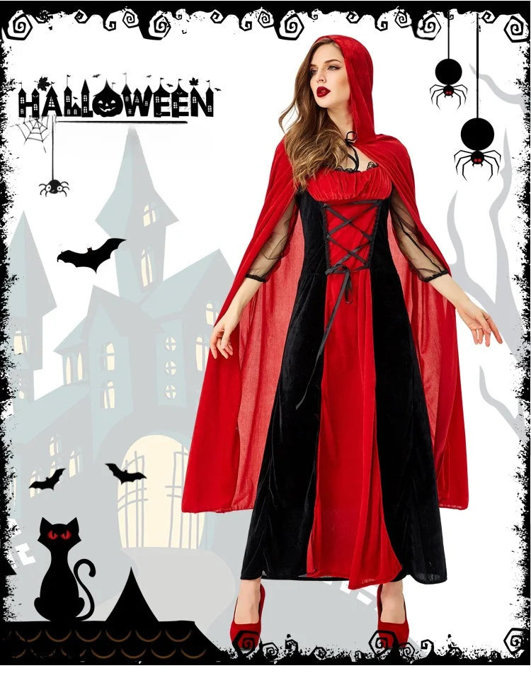 Halloween Costume Cosplay Outfit Red and Black With Cape