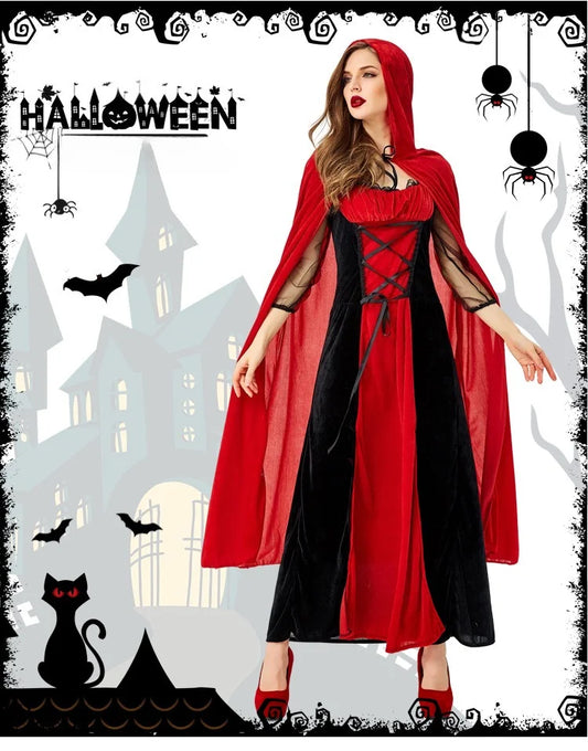 Halloween Costume Cosplay Outfit Red and Black With Cape