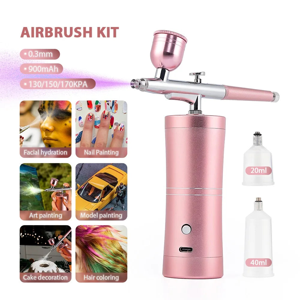 Top 0.3mm Pink Mini Air Compressor Kit Air-Brush Paint Spray Gun Airbrush For Nail Art Tattoo Craft Cake Nano Fog Mist Sprayer