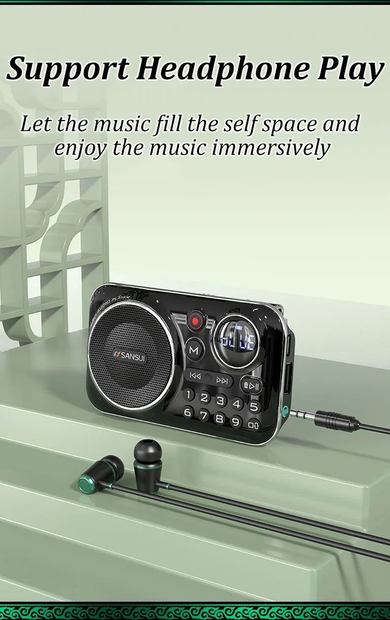 SANSUI F21 Outdoor Portable Multifunctional Walkman FM Radio Bluetooth Speaker MP3 Music Player Supports Recording Headphones