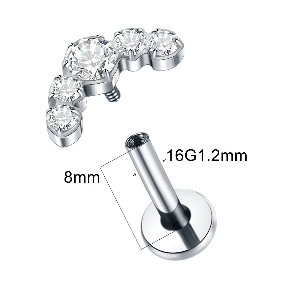 1/5PCS Titanium Ear Studs Cartilage Earrings 5 CZ Stone Labret Ring Stud Helix Cartilage Tragus Piercings Lip Jewelry for Women