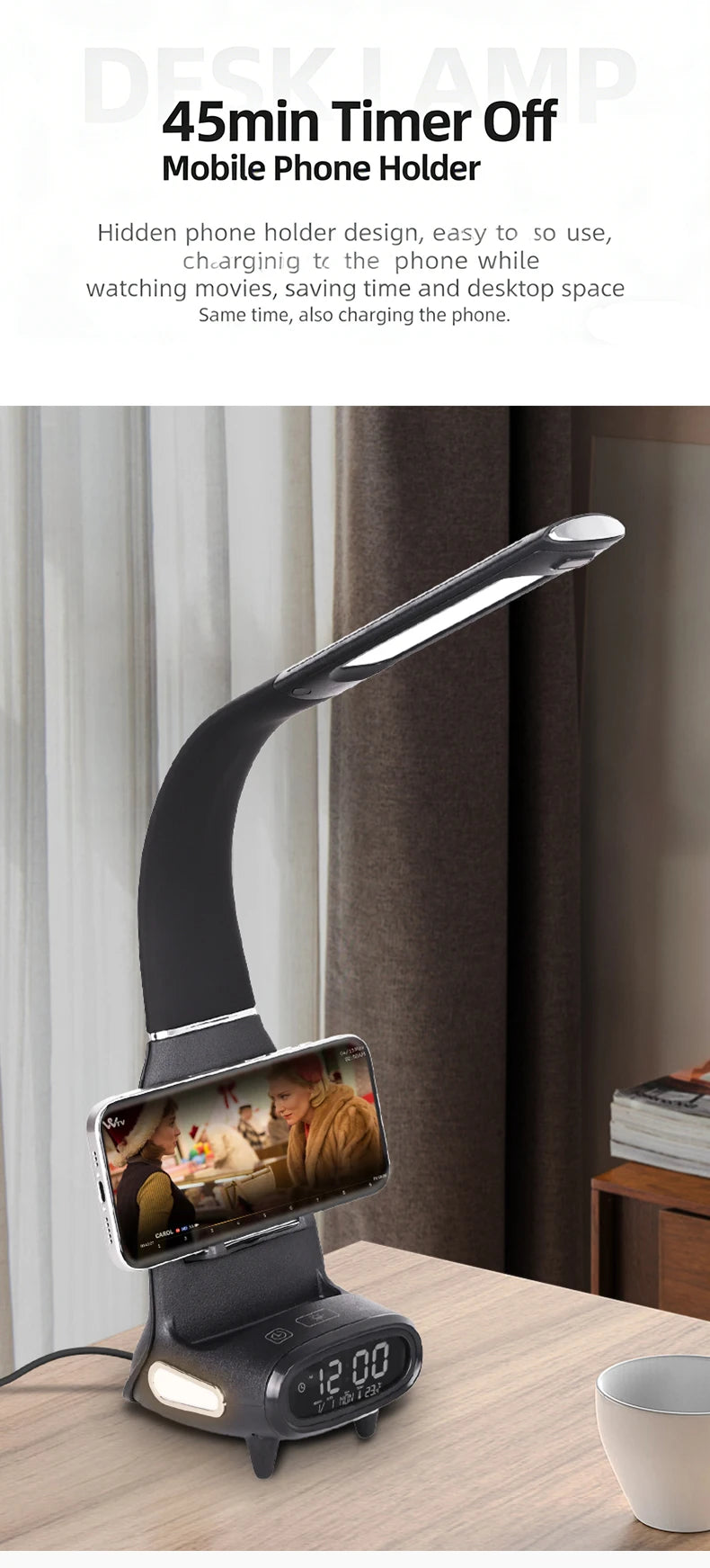 Multi-Function Eye-Protecting Reading Desk Lamp for Students 3000K-6000K Stepless Dimming 15W Wireless Fast Charging Study Light