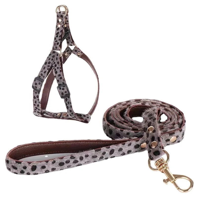 Leopard Print Dog Harness and Leash Set Adjustable - Stylish Dog Collar Pu Fashion Pet Walking Accessories for Small Dogs