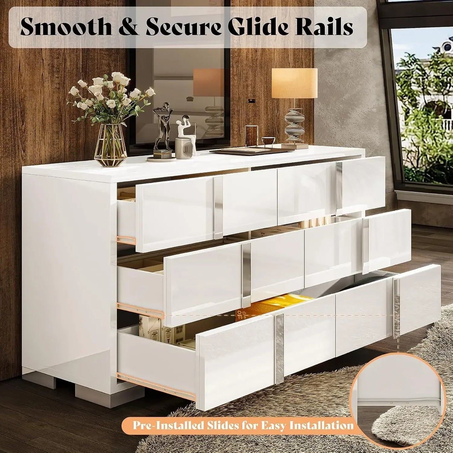 54" W High Gloss 6 Drawers Dressers with Silver Grooved Handles, Modern Storage Chest of Drawers with Wide Tabletop, for Bedroom