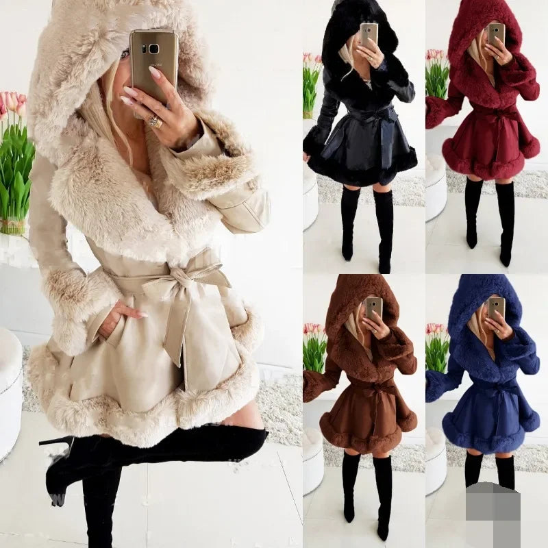 Warm Solid Color Lace-up Belt Fur Splicing New Women's Long-sleeved Ruffle Edge Hooded Jacket Parka