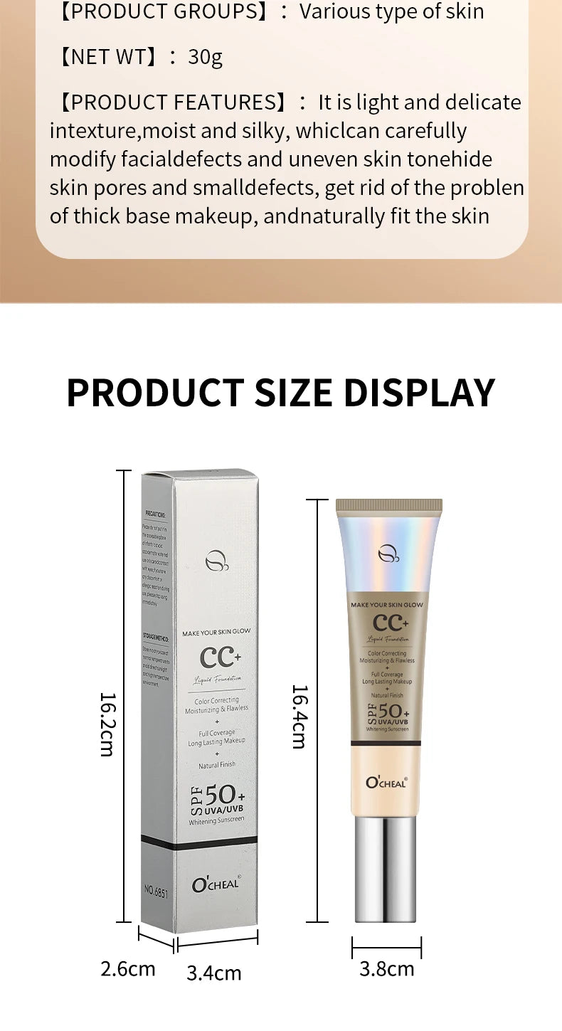 Ocheal 30g CC Cream Foundation Waterproff Concealer Moisturizing Sunscreen Liquid SPF 50+ Long Lasting Brightening Makeup Primer