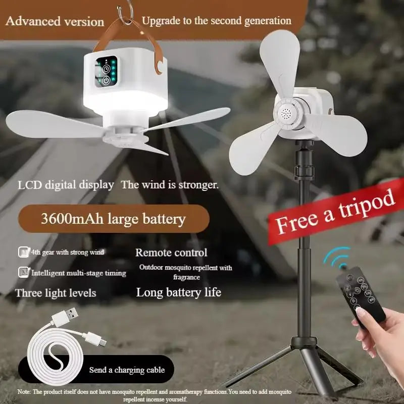 New Portable Rechargeable Ceiling Fan Wireless USB Hanging Fan With Timed remote control for Students Dorm Bed Outdoor Camping