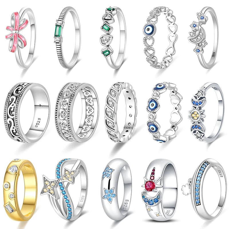 925 Silver Romantic Princess Pink Bow Rings For Women Fashion Star Moon Devil's Eye Ring Valentine's Day Wedding Jewelry Gifts