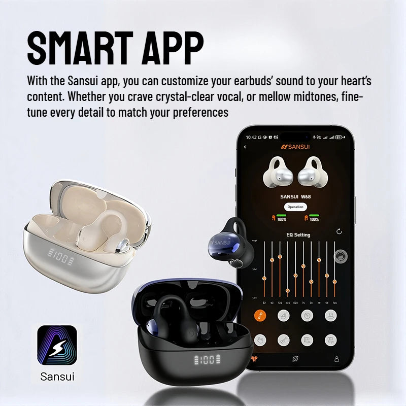 SANSUI W68 OWS Ear Clip Headphones Air Conduction Bluetooth 6.0 Earphones Dual ENC Clear Call TWS Wireless Earbuds with APP