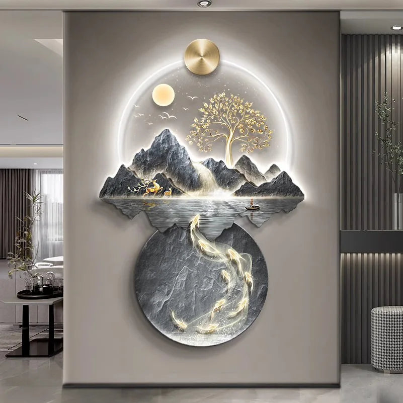 Background Landscape Painting Wall Lamp Chinese Creative Living Room LED Decor Light Corridor Remote Control Lighting Wall Lamps