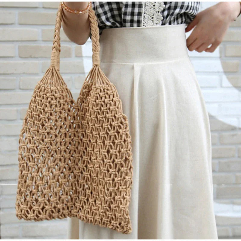 Fashion Crochet Bags for Women Summer Beach Tote Bag Raffia Aesthetic Totes Straw Handbag Bohemian Boho Woven Knit Shoulder Bag